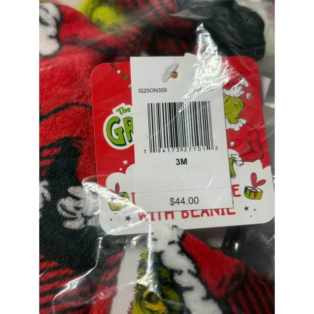 NEW! 3M Dr Seuss The Grinch Holiday AOP Fleece Footed Pajamas w/Beanie